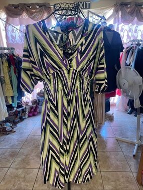 Striped V-Neck Midi Dress in Purple, Lime & Black
